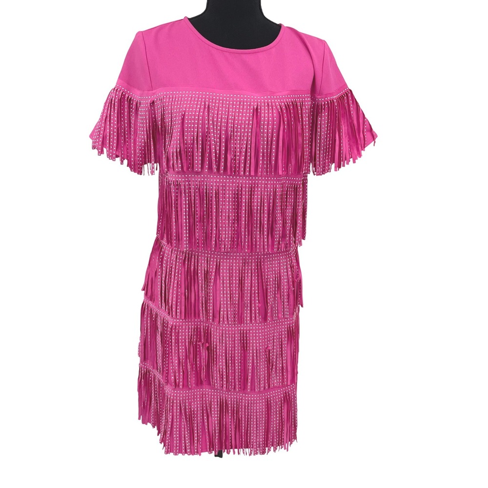Mainstrip Fringe Dress Womens M Pink Polyester Western Studded Festival Boho